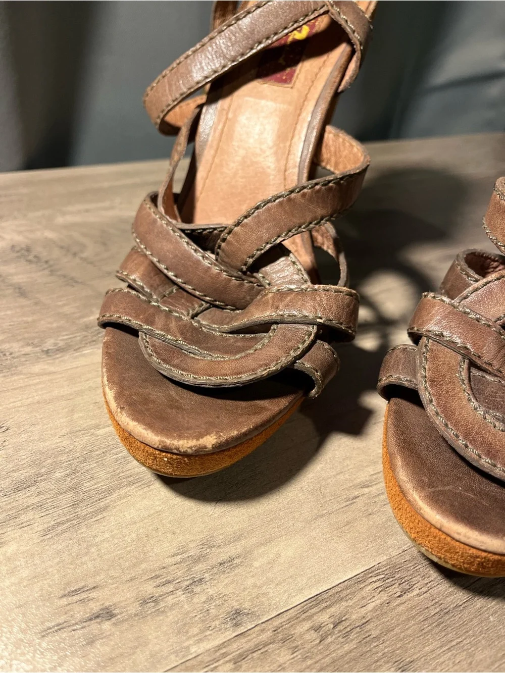 7 For All Mankind Brown Leather Strappy Platform Heels, size 8.5